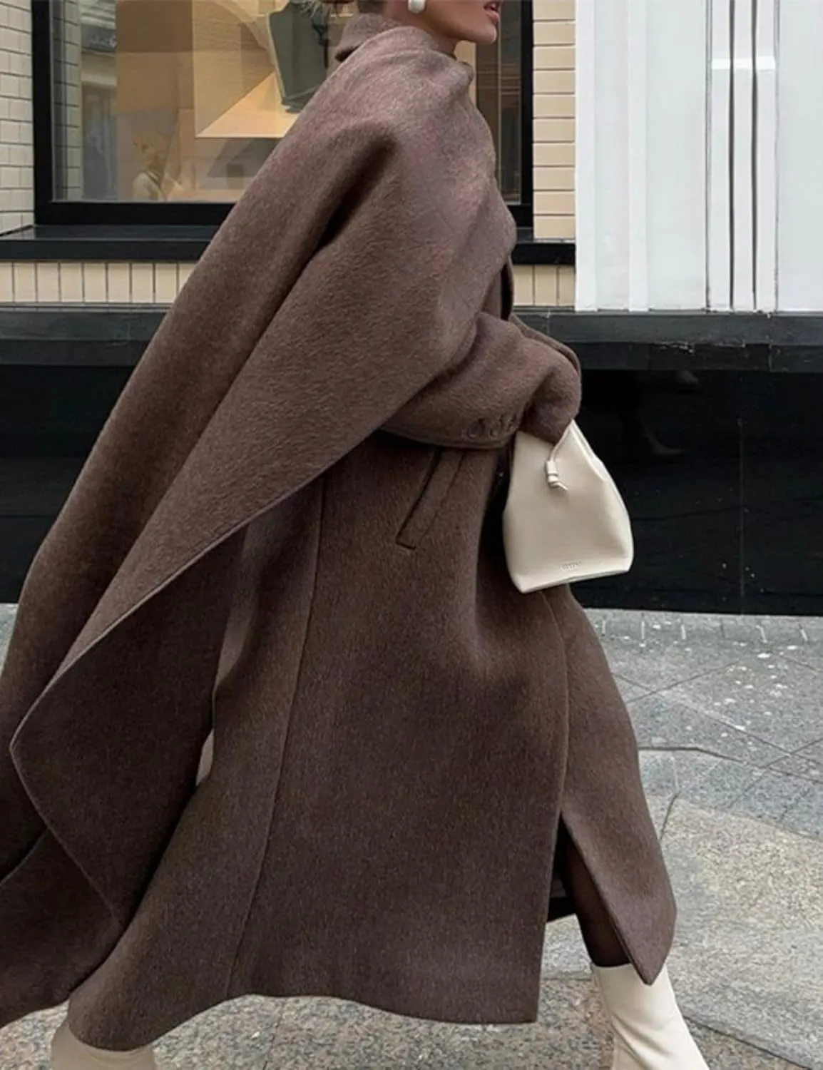Perbai Women's Elegant Wool Blend Scarf Jacket Notched Lapel Double Breasted Long Trench Coats Overcoat