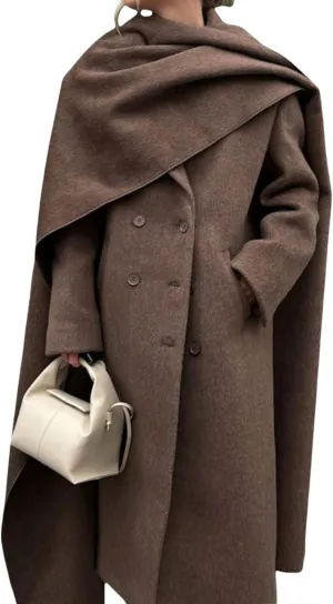 Perbai Women's Elegant Wool Blend Scarf Jacket Notched Lapel Double Breasted Long Trench Coats Overcoat