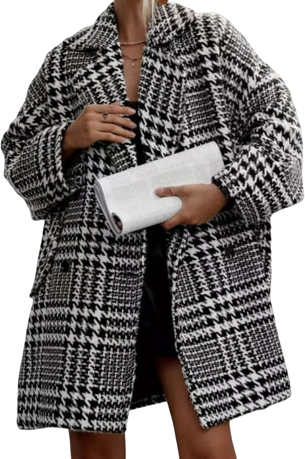 Perbai Women's Houndstooth Wool Blend Trench Coat Notched Lapel Oversized Winter Long Double Breasted Peacoat