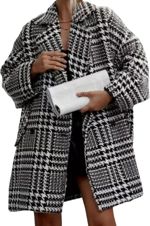 Perbai Women's Houndstooth Wool Blend Trench Coat Notched Lapel Oversized Winter Long Double Breasted Peacoat