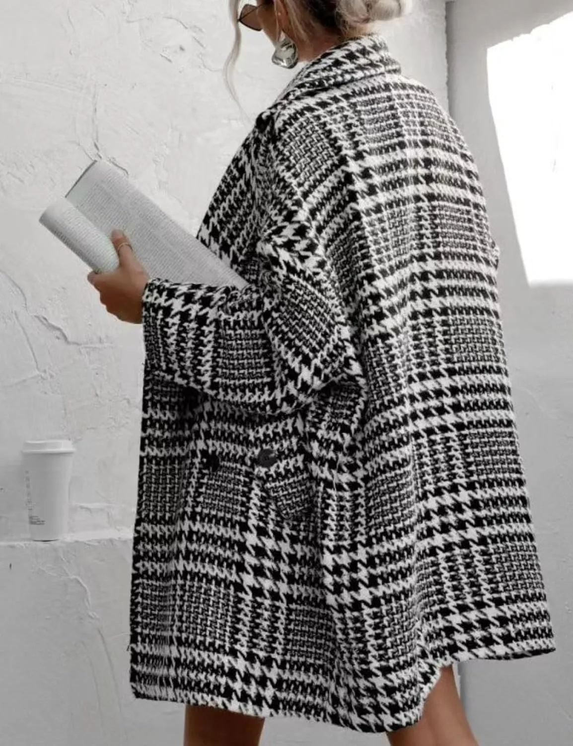 Perbai Women's Houndstooth Wool Blend Trench Coat Notched Lapel Oversized Winter Long Double Breasted Peacoat