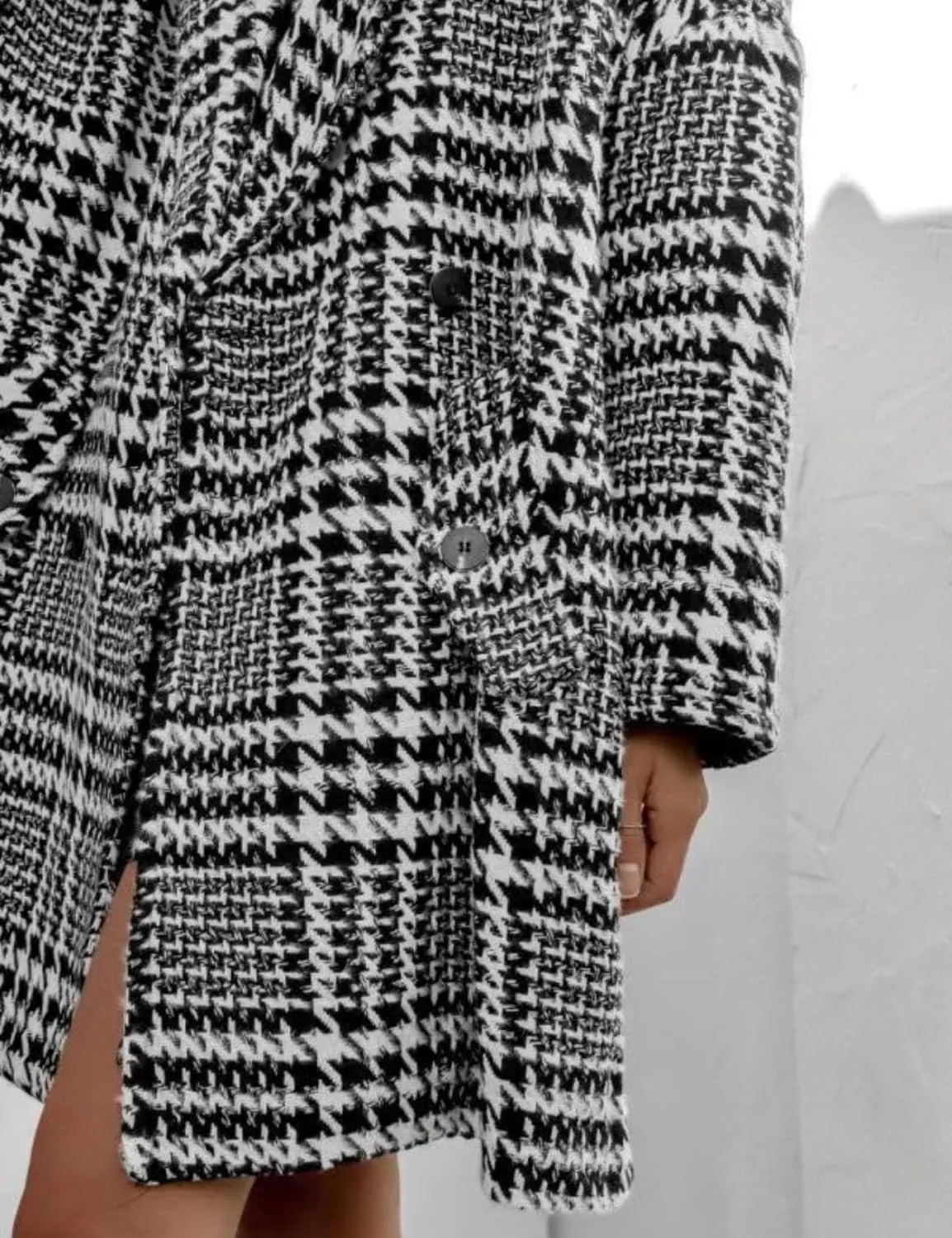 Perbai Women's Houndstooth Wool Blend Trench Coat Notched Lapel Oversized Winter Long Double Breasted Peacoat
