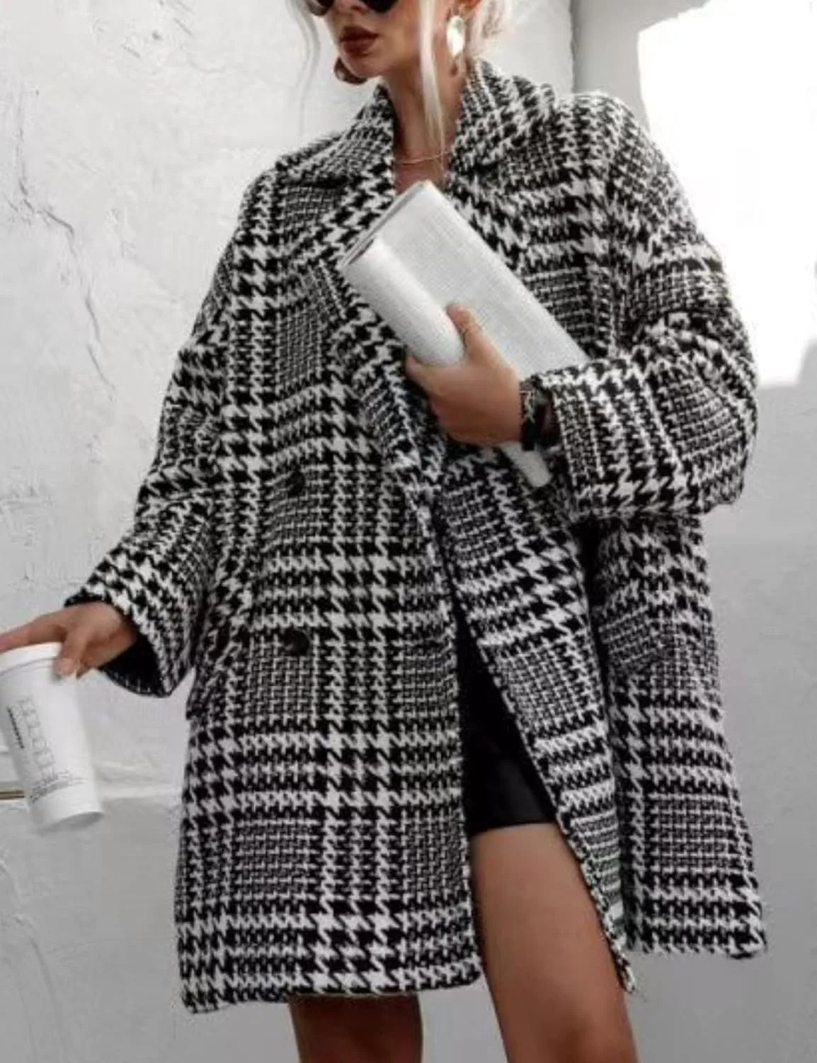 Perbai Women's Houndstooth Wool Blend Trench Coat Notched Lapel Oversized Winter Long Double Breasted Peacoat