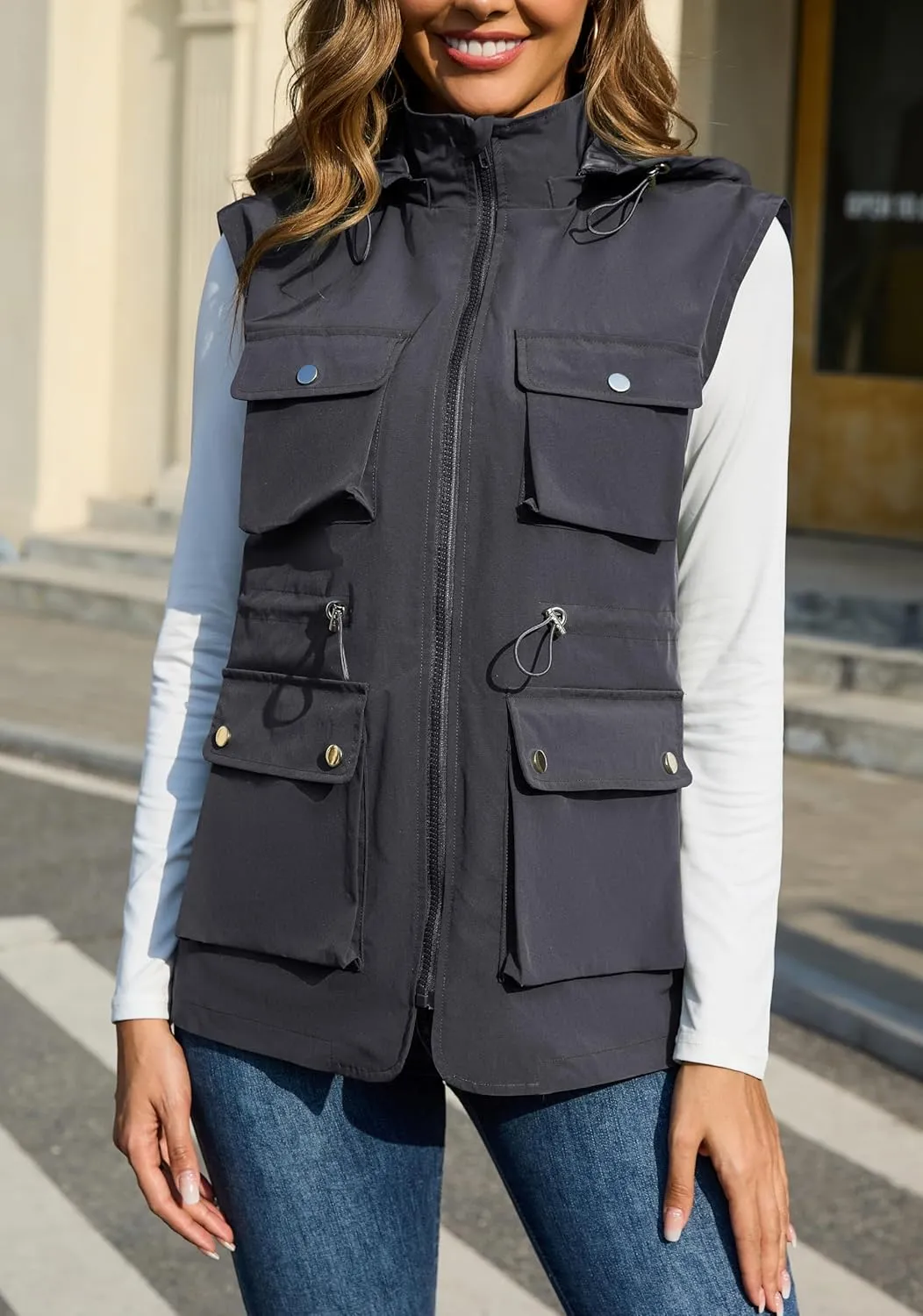 PESION Womens Packable Military Utility Vests Outerwear Waterproof Windbreaker Jacket Cargo Vest with Removable Hood