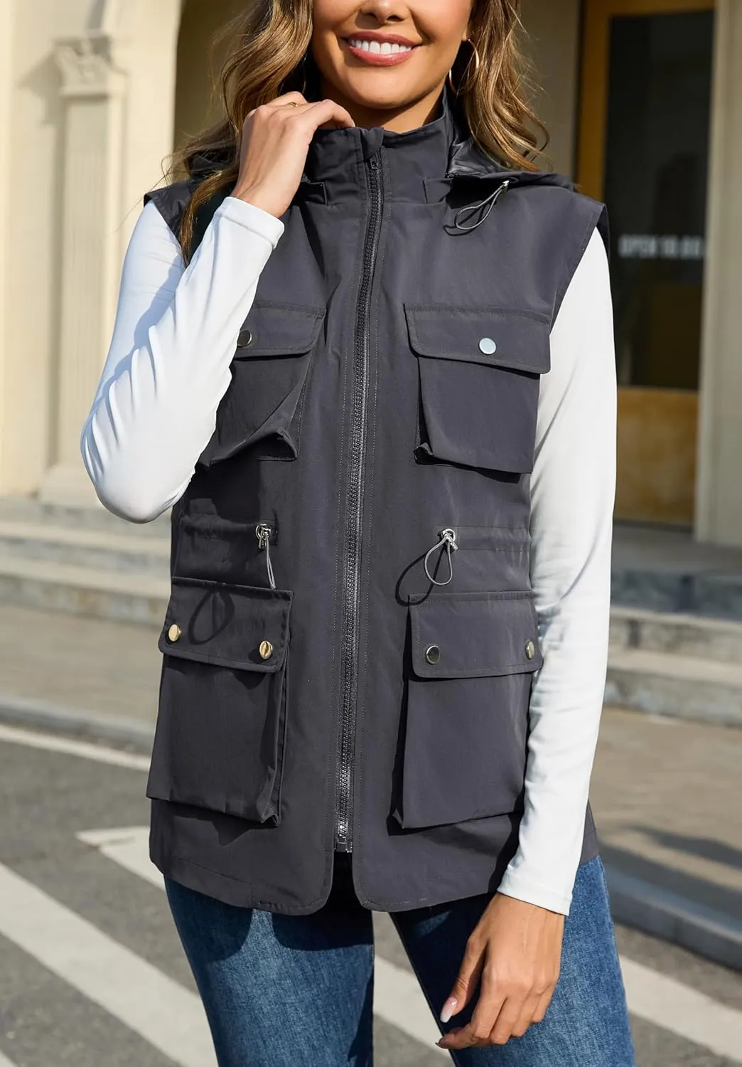 PESION Womens Packable Military Utility Vests Outerwear Waterproof Windbreaker Jacket Cargo Vest with Removable Hood
