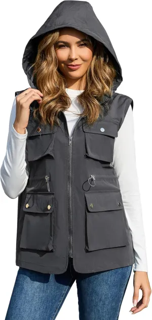 PESION Womens Packable Military Utility Vests Outerwear Waterproof Windbreaker Jacket Cargo Vest with Removable Hood
