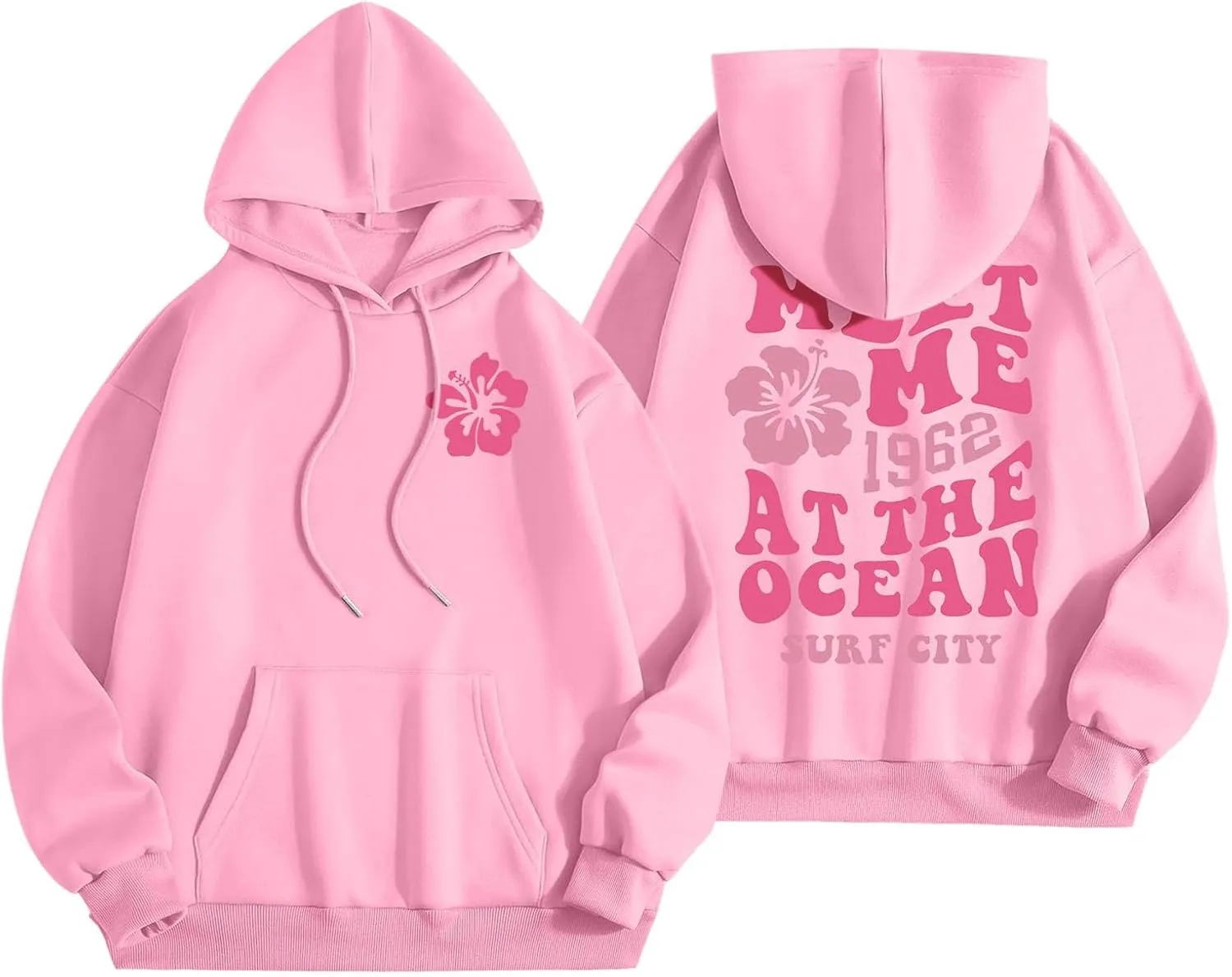 Pink Graphic Hoodies for Women Teen Girls Oversized Cute Preppy Sweatshirts Casual Long Sleeve Pullover Tops with Pockets
