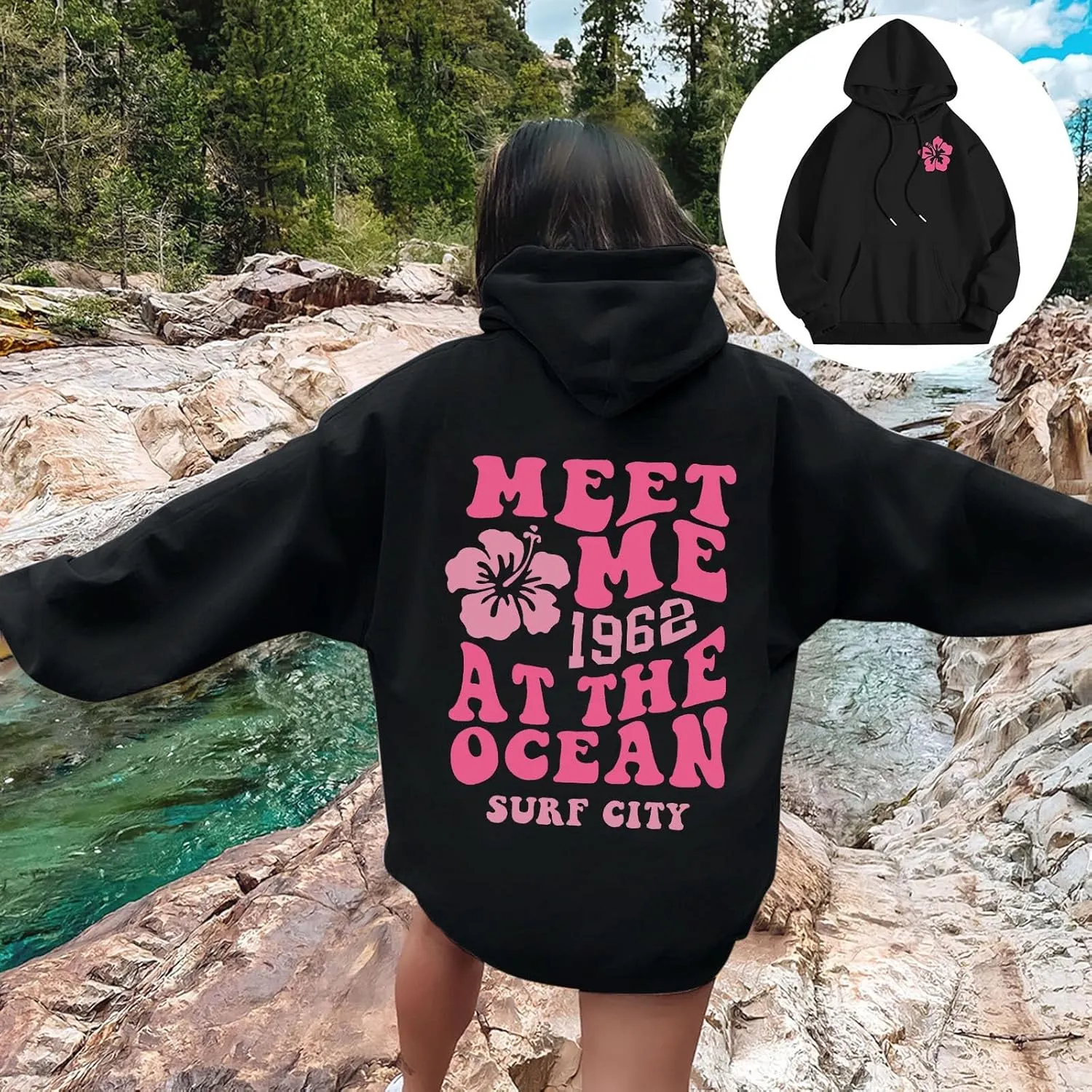 Pink Graphic Hoodies for Women Teen Girls Oversized Cute Preppy Sweatshirts Casual Long Sleeve Pullover Tops with Pockets