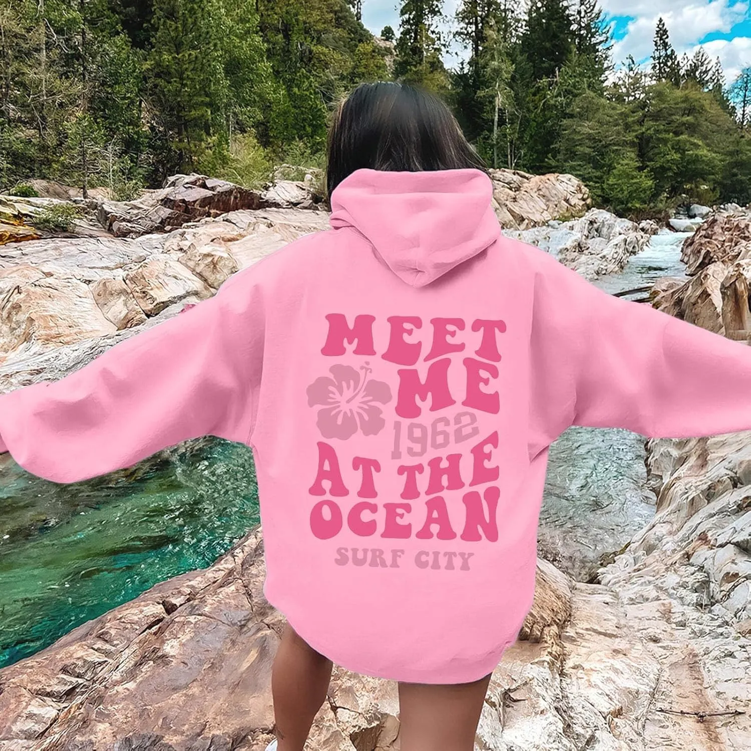 Pink Graphic Hoodies for Women Teen Girls Oversized Cute Preppy Sweatshirts Casual Long Sleeve Pullover Tops with Pockets