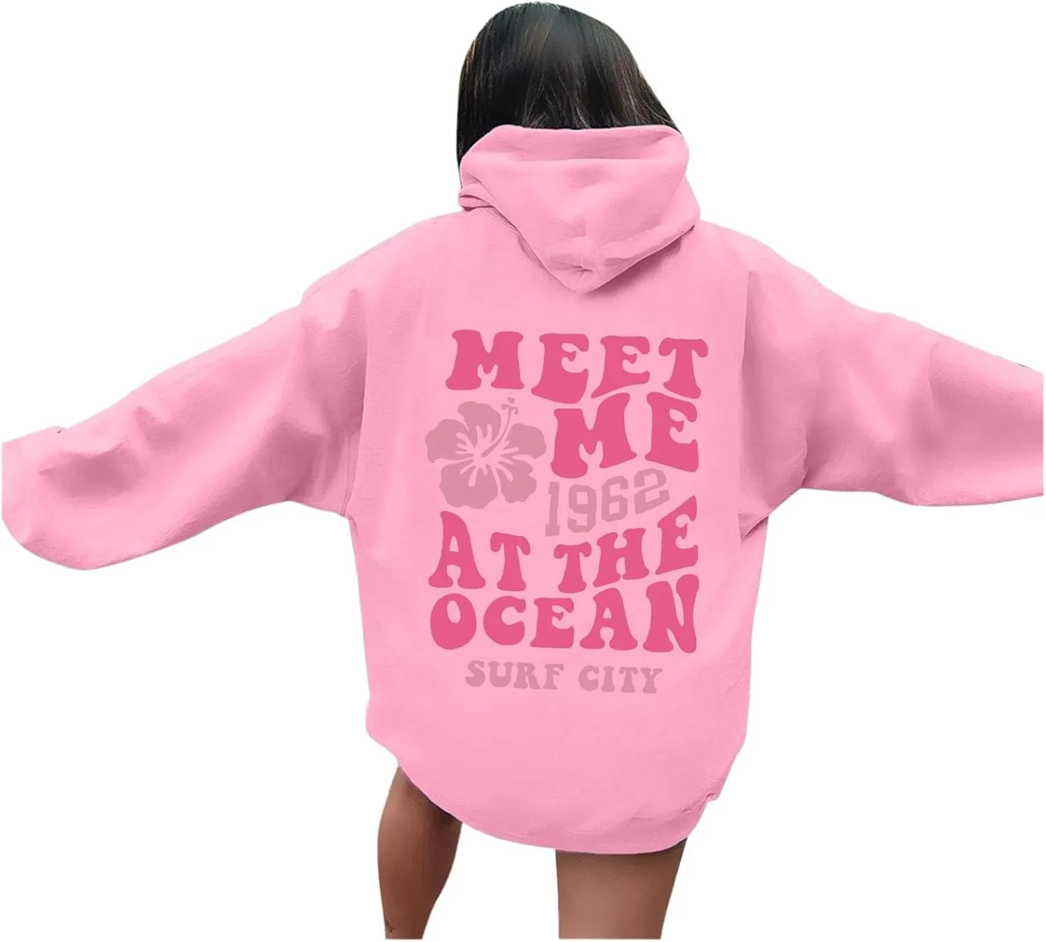 Pink Graphic Hoodies for Women Teen Girls Oversized Cute Preppy Sweatshirts Casual Long Sleeve Pullover Tops with Pockets