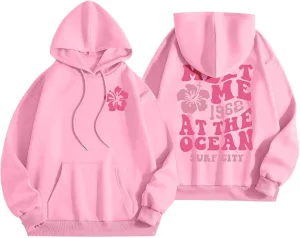 Pink Graphic Hoodies for Women Teen Girls Oversized Cute Preppy Sweatshirts Casual Long Sleeve Pullover Tops with Pockets