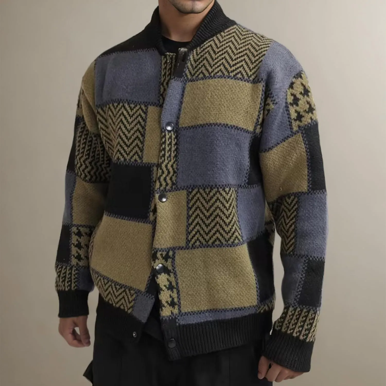 Plaid Cardigan Sweater Men Plus Size Button Down Sweater Vintage Stand Collar Sweaters Casual Open Front Sweaters