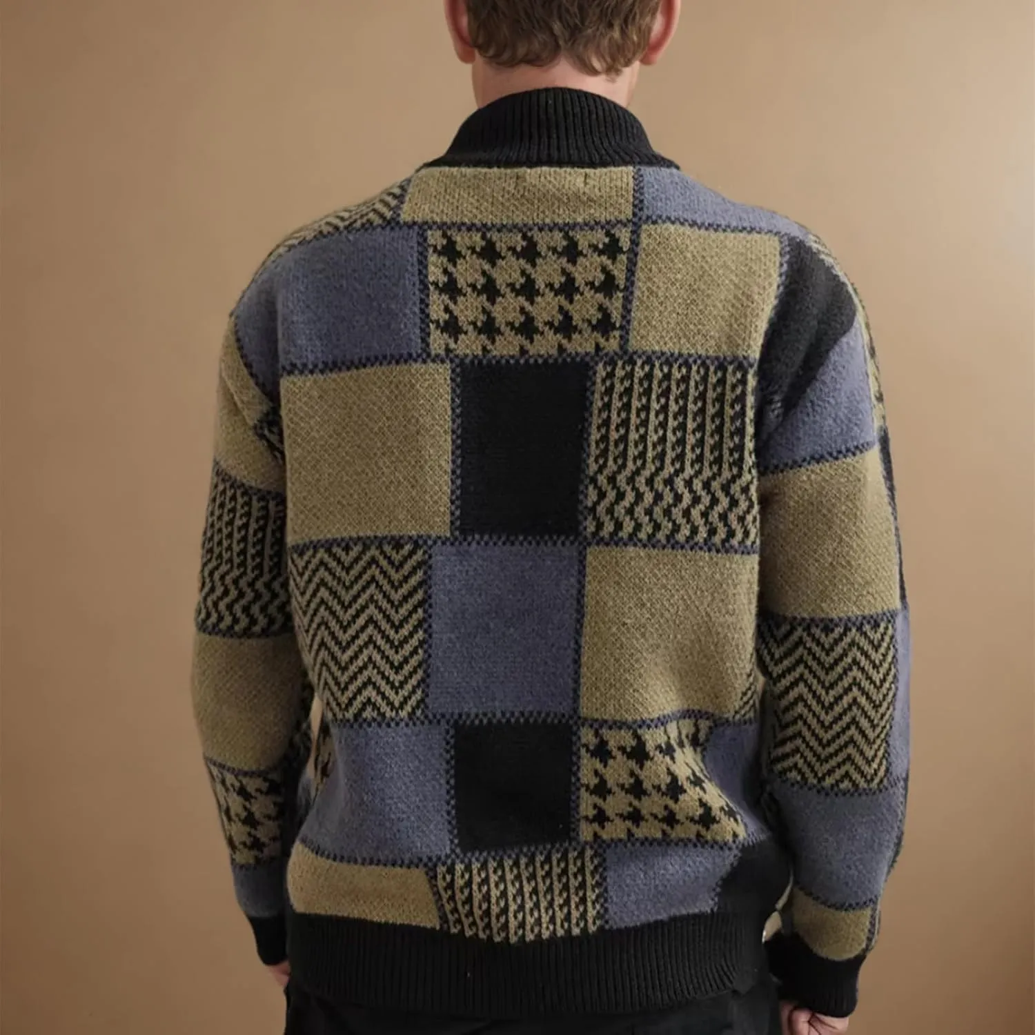 Plaid Cardigan Sweater Men Plus Size Button Down Sweater Vintage Stand Collar Sweaters Casual Open Front Sweaters