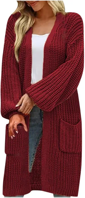 Plus Size Cardigan for Women Knit Lightweight Open Front Chunky Sweater Casual Long Sleeve Jacket Coat with Pockets