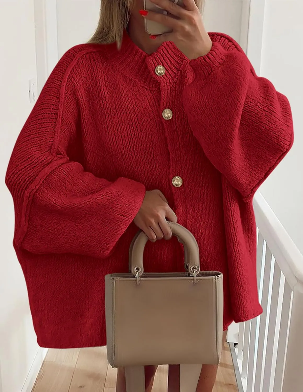 PRETTYGARDEN Women's Winter Button Down Cardigan Sweaters Mock Neck Lantern Long Sleeve Chunky Knit Jacket Trendy Outerwear
