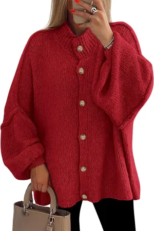 PRETTYGARDEN Women's Winter Button Down Cardigan Sweaters Mock Neck Lantern Long Sleeve Chunky Knit Jacket Trendy Outerwear