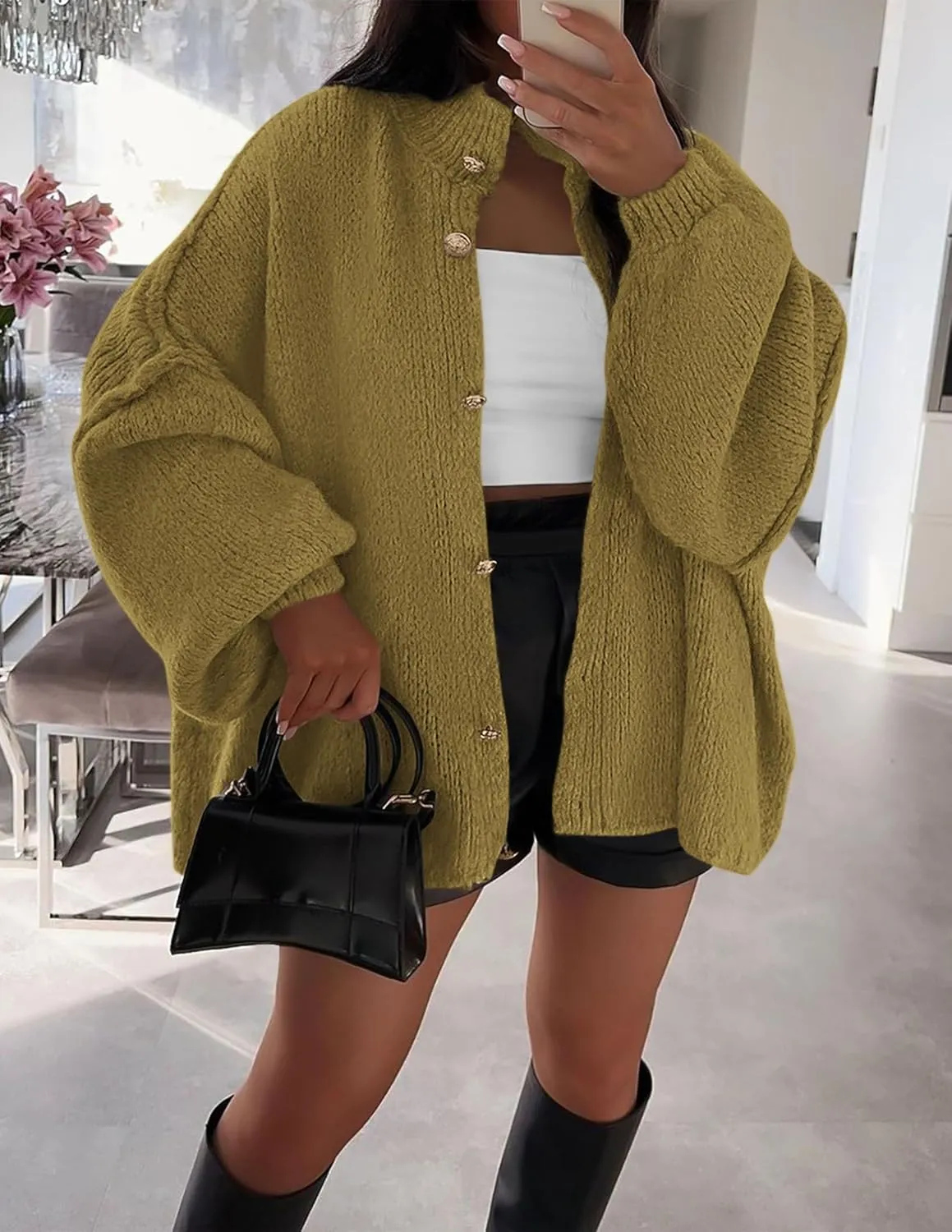 PRETTYGARDEN Women's Winter Button Down Cardigan Sweaters Mock Neck Lantern Long Sleeve Chunky Knit Jacket Trendy Outerwear