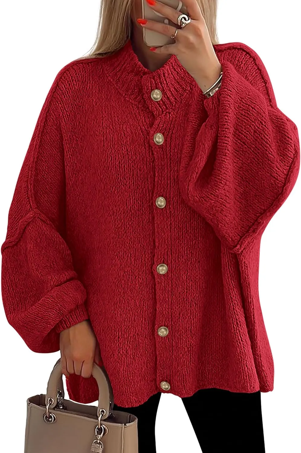 PRETTYGARDEN Women's Winter Button Down Cardigan Sweaters Mock Neck Lantern Long Sleeve Chunky Knit Jacket Trendy Outerwear