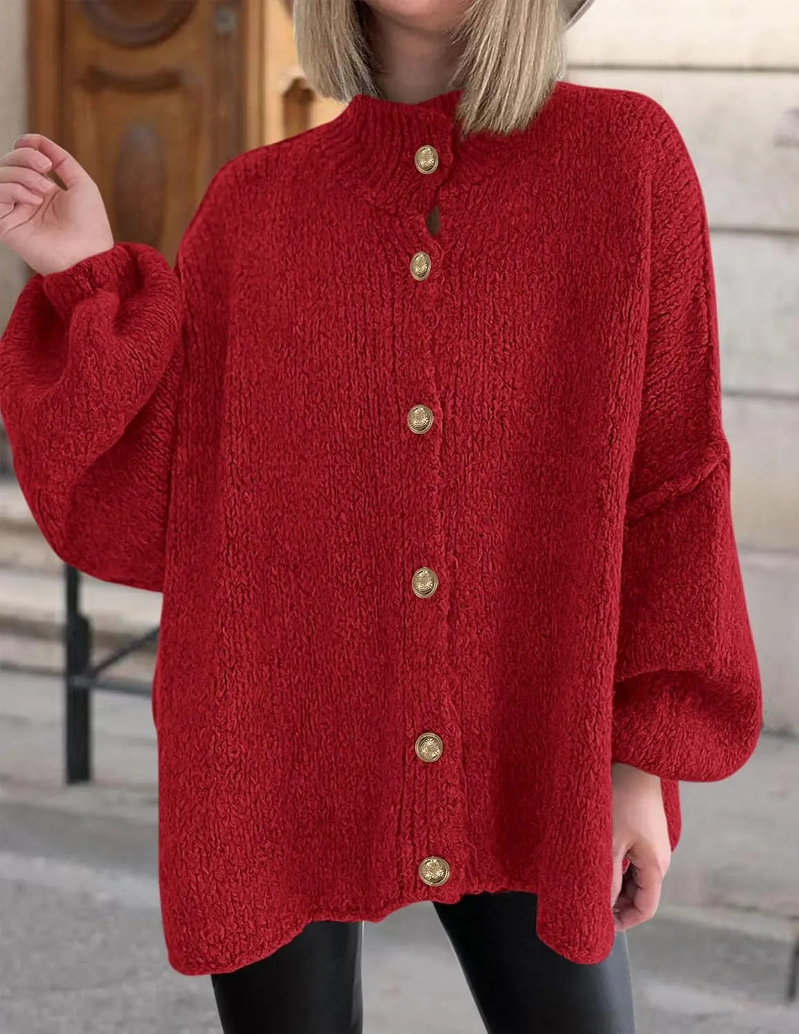 PRETTYGARDEN Women's Winter Button Down Cardigan Sweaters Mock Neck Lantern Long Sleeve Chunky Knit Jacket Trendy Outerwear