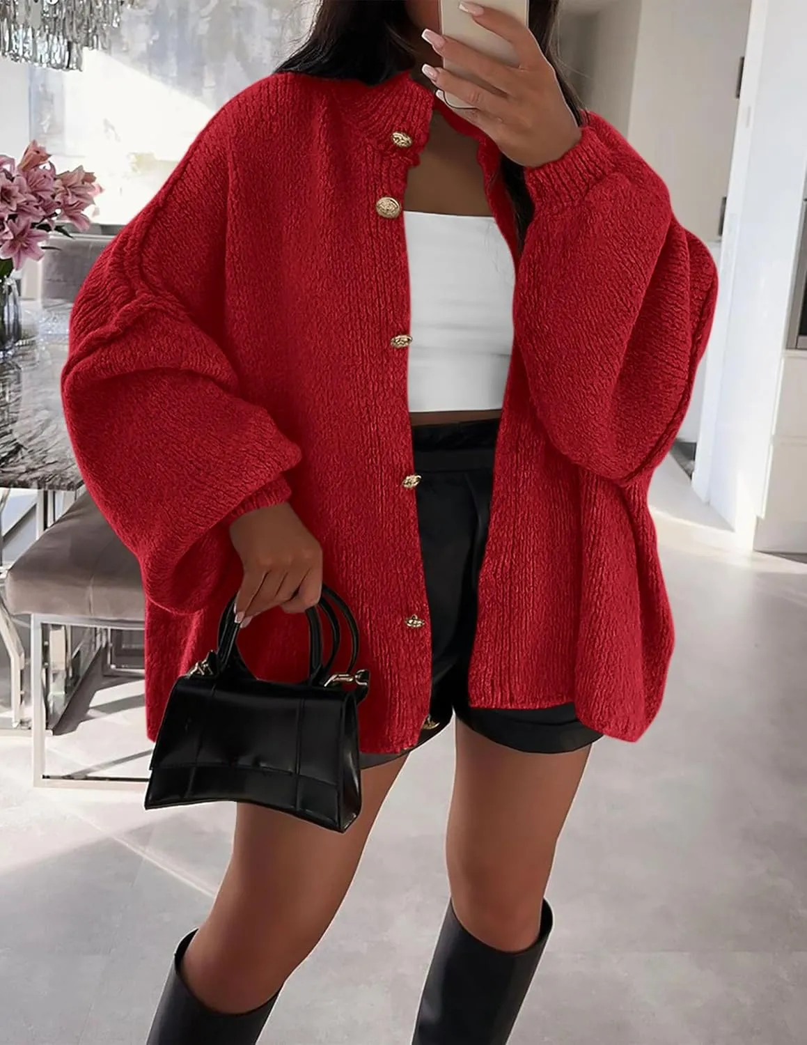 PRETTYGARDEN Women's Winter Button Down Cardigan Sweaters Mock Neck Lantern Long Sleeve Chunky Knit Jacket Trendy Outerwear