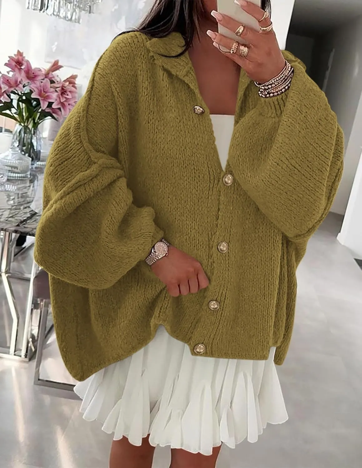 PRETTYGARDEN Women's Winter Button Down Cardigan Sweaters Mock Neck Lantern Long Sleeve Chunky Knit Jacket Trendy Outerwear