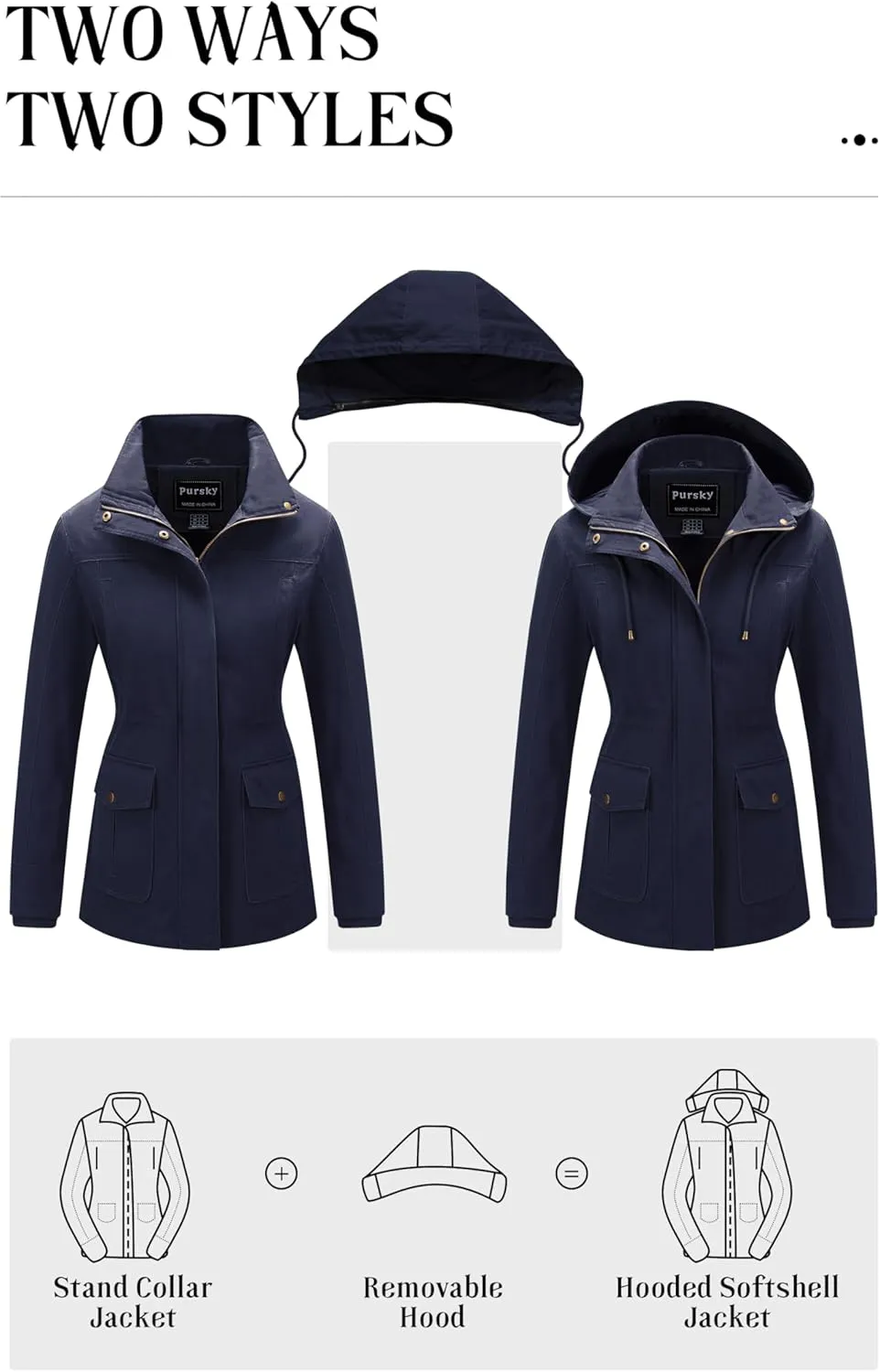 Pursky Women's Cotton Anorak Jacket Lightweight Casual Military Jackets Safari Utility Coats With Removable Hood