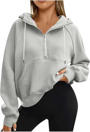 Quarter Zip Up Hoodies for Women Long Sleeve Cropped Sweatshirts Fleece Jackets Half Zip Pullover Fall Outfits 2024