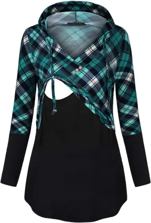 Quinee Women's Long Sleeve Plaid Colorblock Nursing Pullover Hoodie Sweatshirts