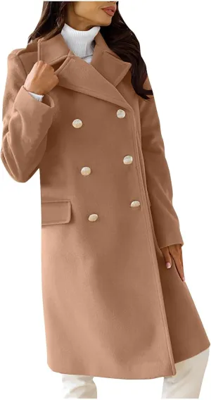 SACFOF Women's Wool Blend Pea Coats,Double Breasted Midi Wool Blend Overcoat Lapel Collar Blazer Warm Winter Jackets