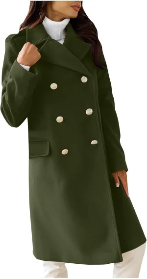 SACFOF Women's Wool Blend Pea Coats,Double Breasted Midi Wool Blend Overcoat Lapel Collar Blazer Warm Winter Jackets