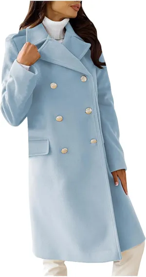 SACFOF Women's Wool Blend Pea Coats,Double Breasted Midi Wool Blend Overcoat Lapel Collar Blazer Warm Winter Jackets