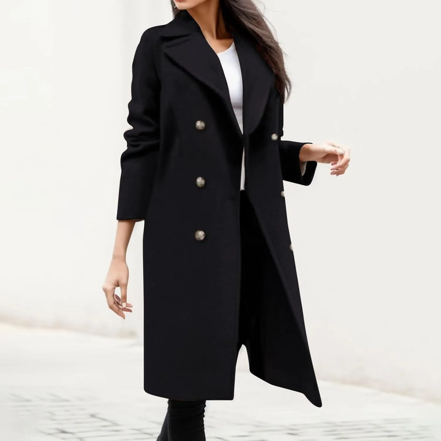 SACFOF Women's Wool Blend Pea Coats,Double Breasted Midi Wool Blend Overcoat Lapel Collar Blazer Warm Winter Jackets