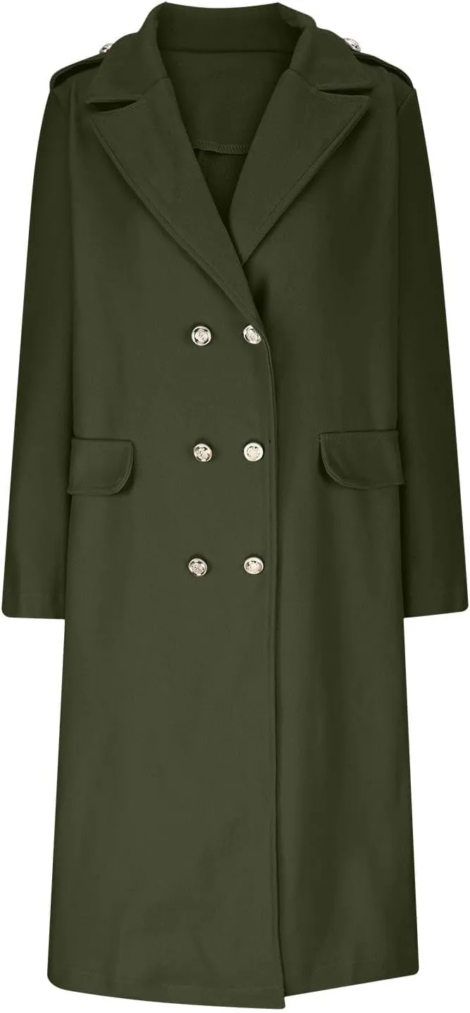 SACFOF Women's Wool Blend Pea Coats,Double Breasted Midi Wool Blend Overcoat Lapel Collar Blazer Warm Winter Jackets