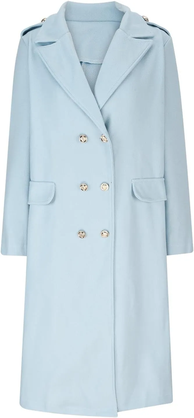 SACFOF Women's Wool Blend Pea Coats,Double Breasted Midi Wool Blend Overcoat Lapel Collar Blazer Warm Winter Jackets
