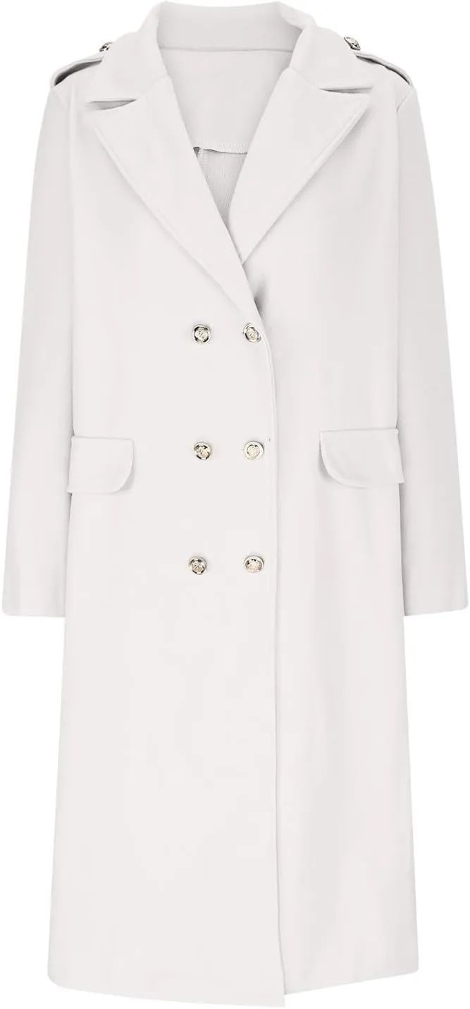 SACFOF Women's Wool Blend Pea Coats,Double Breasted Midi Wool Blend Overcoat Lapel Collar Blazer Warm Winter Jackets
