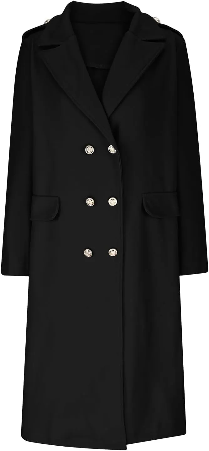 SACFOF Women's Wool Blend Pea Coats,Double Breasted Midi Wool Blend Overcoat Lapel Collar Blazer Warm Winter Jackets