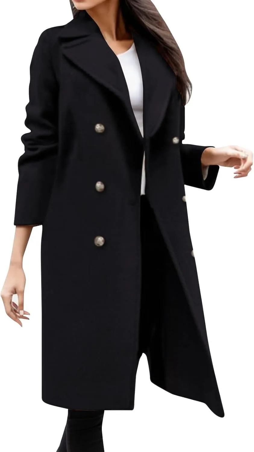 SACFOF Women's Wool Blend Pea Coats,Double Breasted Midi Wool Blend Overcoat Lapel Collar Blazer Warm Winter Jackets