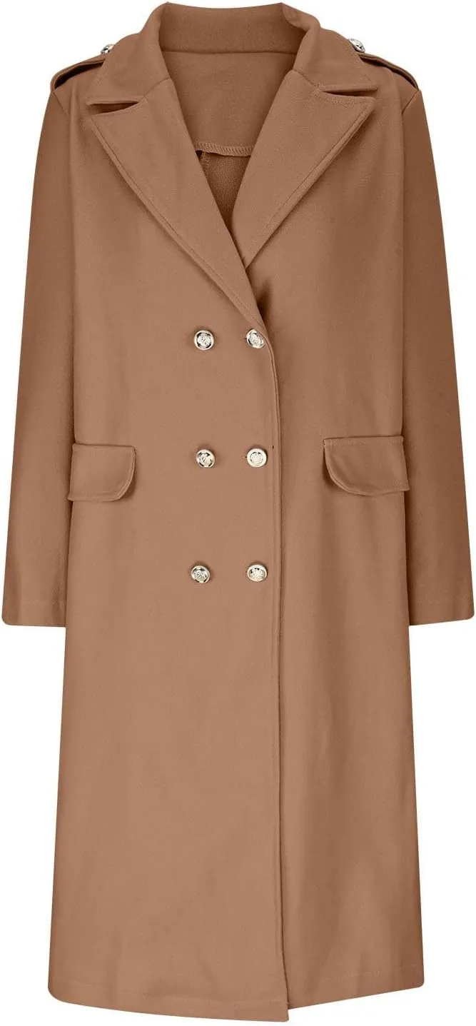SACFOF Women's Wool Blend Pea Coats,Double Breasted Midi Wool Blend Overcoat Lapel Collar Blazer Warm Winter Jackets