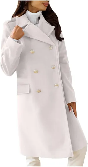 SACFOF Women's Wool Blend Pea Coats,Double Breasted Midi Wool Blend Overcoat Lapel Collar Blazer Warm Winter Jackets