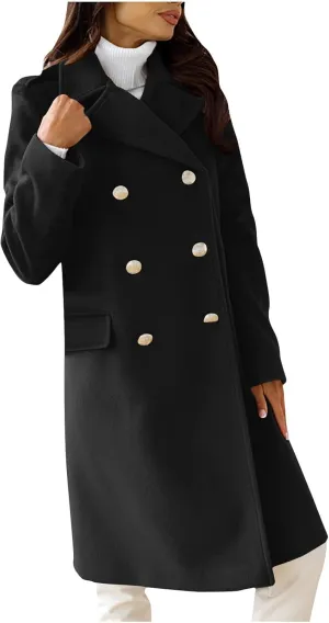 SACFOF Women's Wool Blend Pea Coats,Double Breasted Midi Wool Blend Overcoat Lapel Collar Blazer Warm Winter Jackets