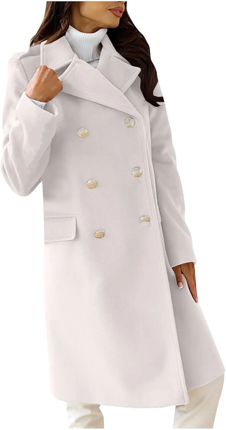 SACFOF Women's Wool Blend Pea Coats,Double Breasted Midi Wool Blend Overcoat Lapel Collar Blazer Warm Winter Jackets