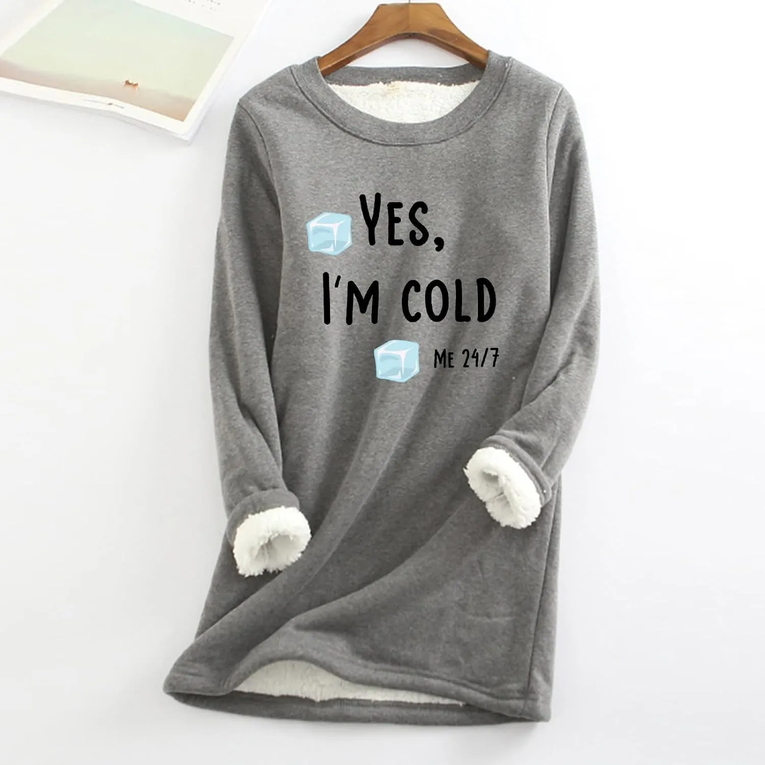 Sherpa Lined Fleece Pullover for Women Winter Warm Fuzzy Sweatshirt Yes I'm Cold Me 24:7 Funny Letter Print Tops