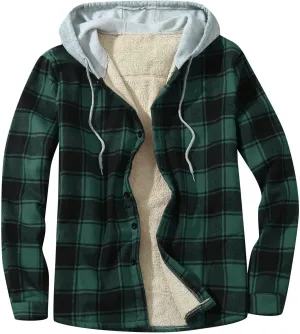 Sherpa Lined Hooded Flannel Jackets for Men Plaid Button Down Sweatshirts Drawstring Hoodie Jackets Winter Warm Coat