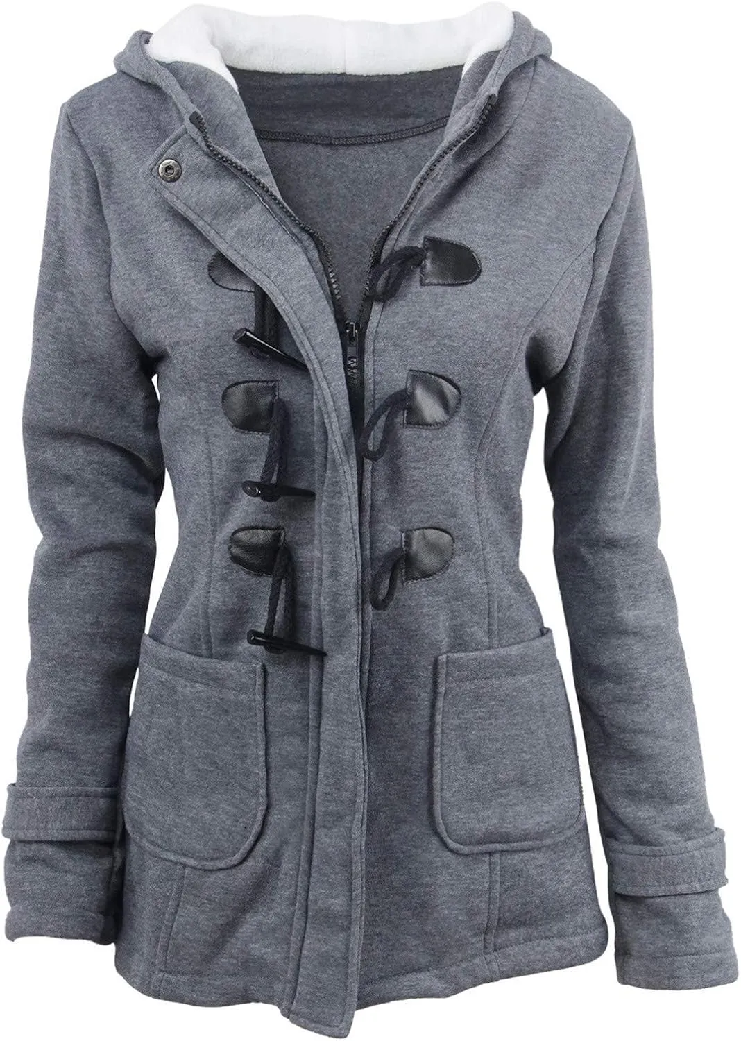 Sherpa Lined Hooded Jacket Women Winter Thicken Horn Button Long Sleeve Coats Casual Loose Wool Blend Pea Coat