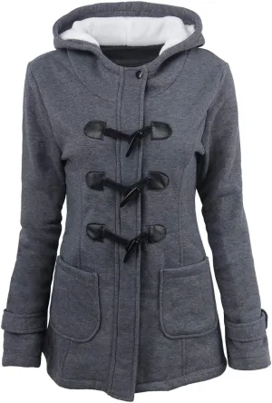 Sherpa Lined Hooded Jacket Women Winter Thicken Horn Button Long Sleeve Coats Casual Loose Wool Blend Pea Coat