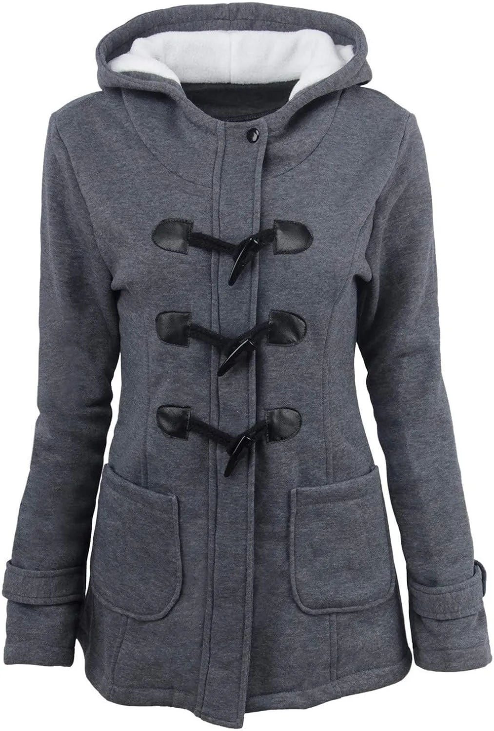 Sherpa Lined Hooded Jacket Women Winter Thicken Horn Button Long Sleeve Coats Casual Loose Wool Blend Pea Coat