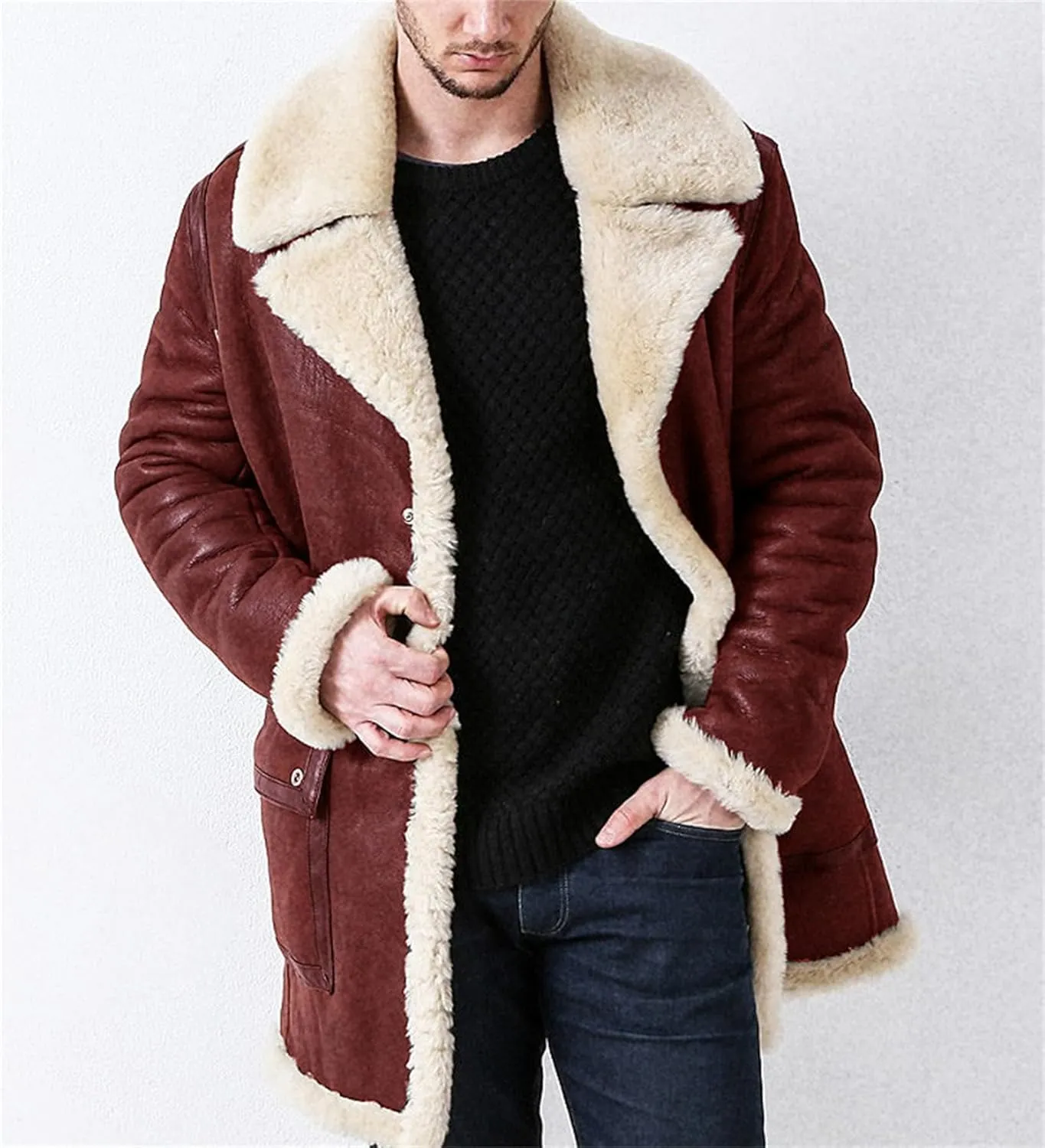 Sherpa Lined Jacket Men Suede Shearling Coat Faux Fur Leather Coats Sheepskin Thick Winter Coat Fur Collar Jacket