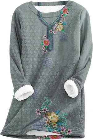 Sherpa Lined Sweatshirt Women Fleece Crewneck Shirts Long Sleeve Graphic Pullover Sweater Fall Thermal Thick Top