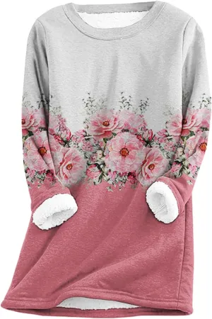 Sherpa Lined Sweatshirt Women Fleece Crewneck Shirts Long Sleeve Graphic Pullover Sweater Fall Thermal Thick Top