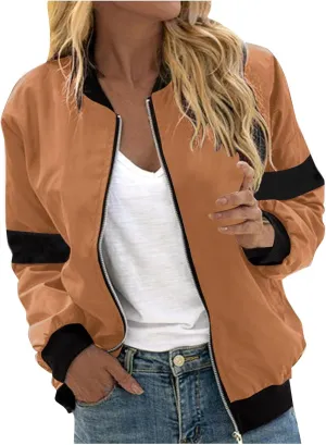 Sinzelimin Womens Baseball Jackets Fashion Contrast Casual Pocket Zipper Jacket Tops Fall Jogger Sport Coat Outwear & Jackets